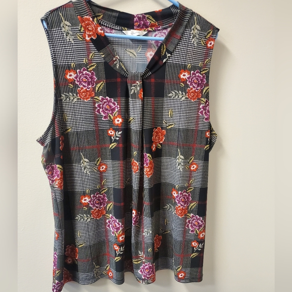 CJ Banks 2X Floral/Plaid Sleeveless Women's Top‎